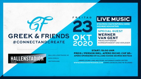 Flyer Greek and Friends Event Freitag 23.10.2020 Hallenstadion